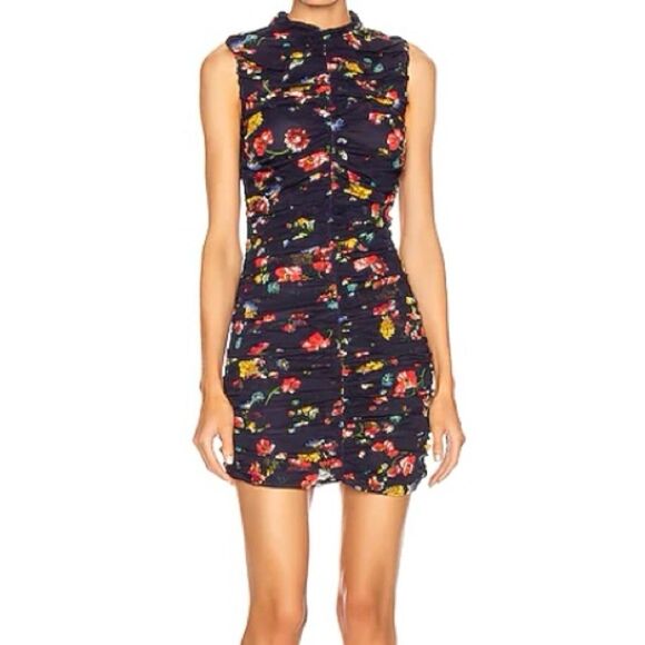 Revolve Nicholas Gathered Mini Dress 100% Silk Floral Chiffon Ruched Blue Size 8 - Picture 1 of 12